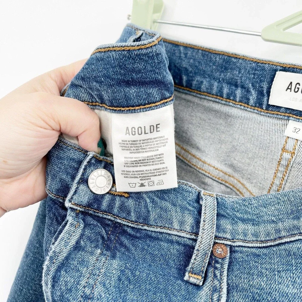 Agolde Riley Straight Crop Jeans Sz 32 Blue High Rise Button Fly Distressed - Picture 11 of 12